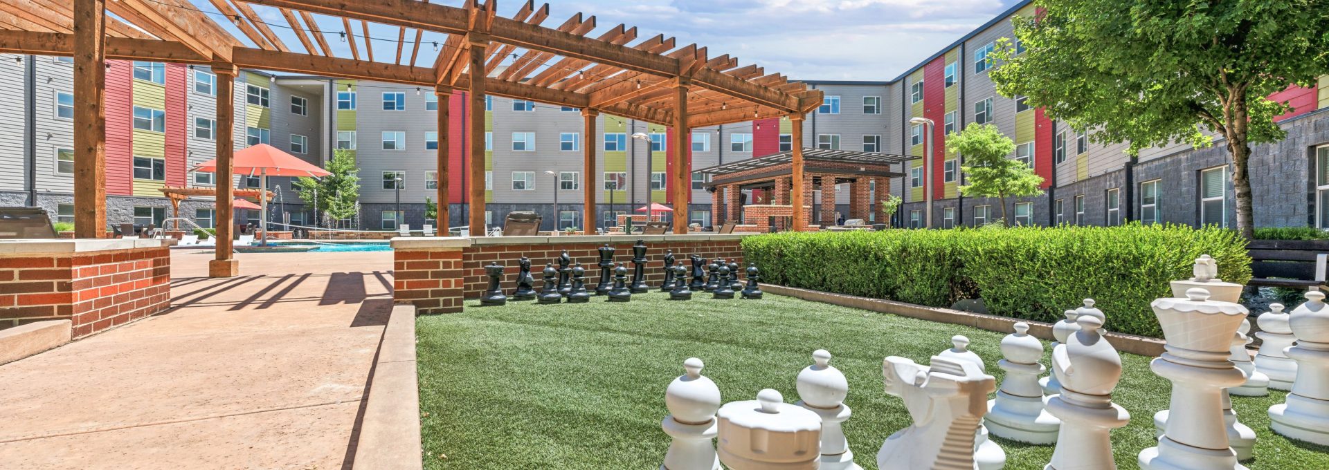 chess set in front of a courtyard at The Terra at University North Park