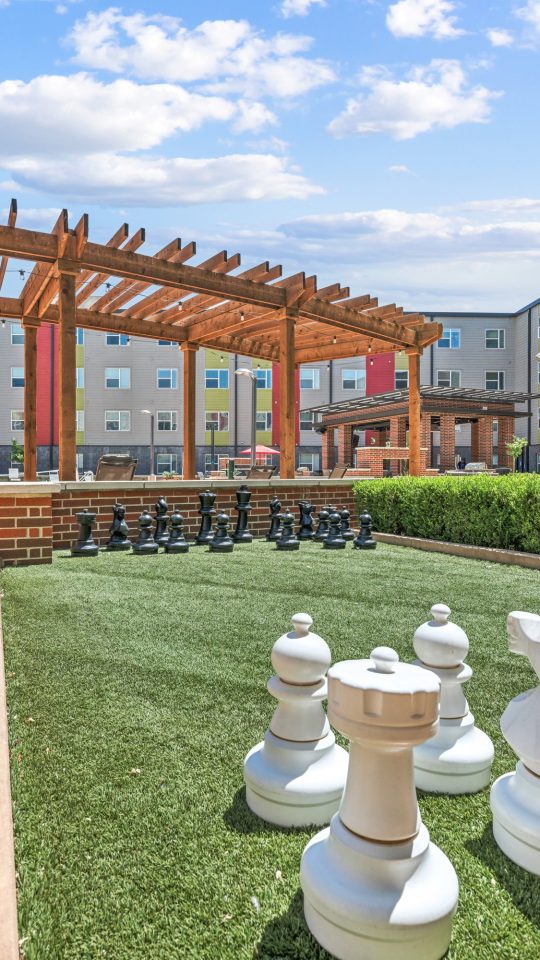 chess set in front of a courtyard at The Terra at University North Park